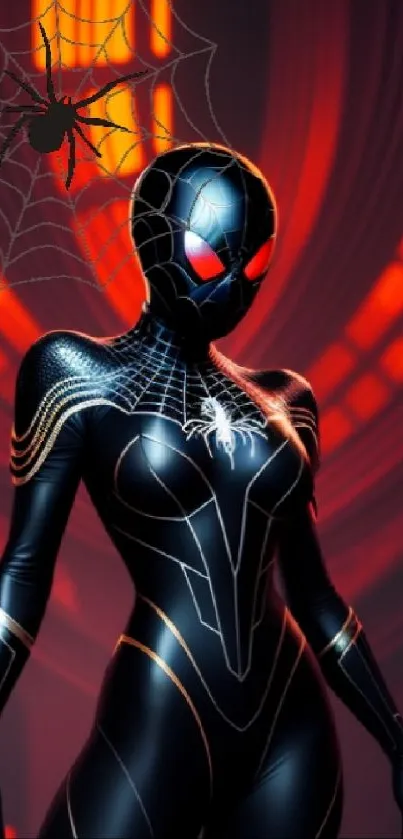 Futuristic Spider Hero with dynamic red and black background.