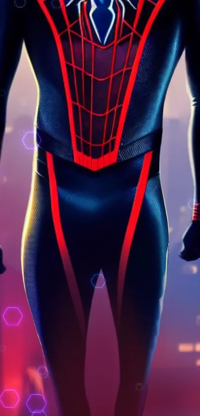 Futuristic superhero suit with neon highlights in night cityscape.