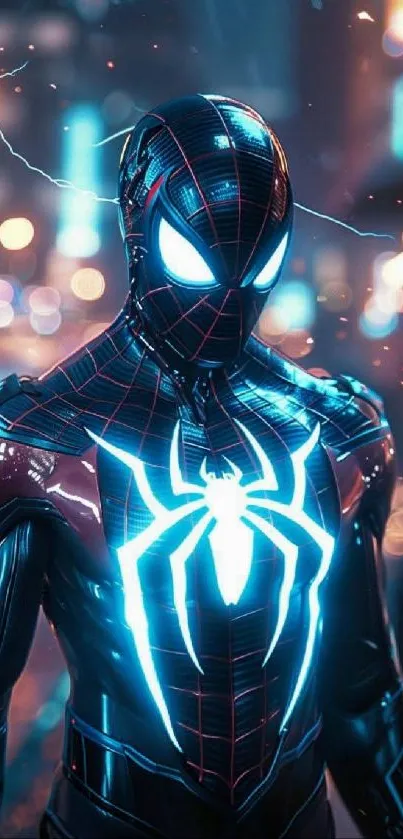 Futuristic Spider Hero with neon lights and urban backdrop.