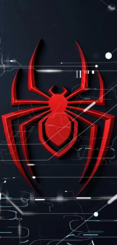 Futuristic red spider logo on dark, digital-themed wallpaper.