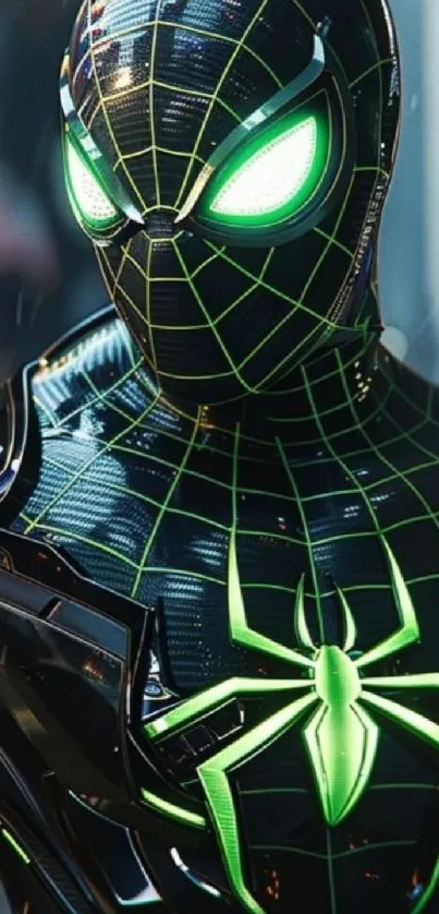 Futuristic Spider-Man in glowing neon suit.