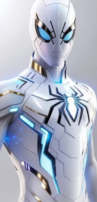 Futuristic Spider-Man in a white suit with glowing blue accents.