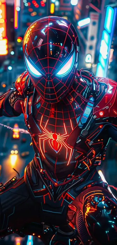 Futuristic Spider-Man suit glowing in neon.