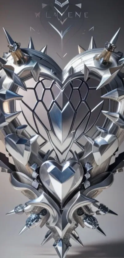 Futuristic spiked heart design with metallic details and gradient background.