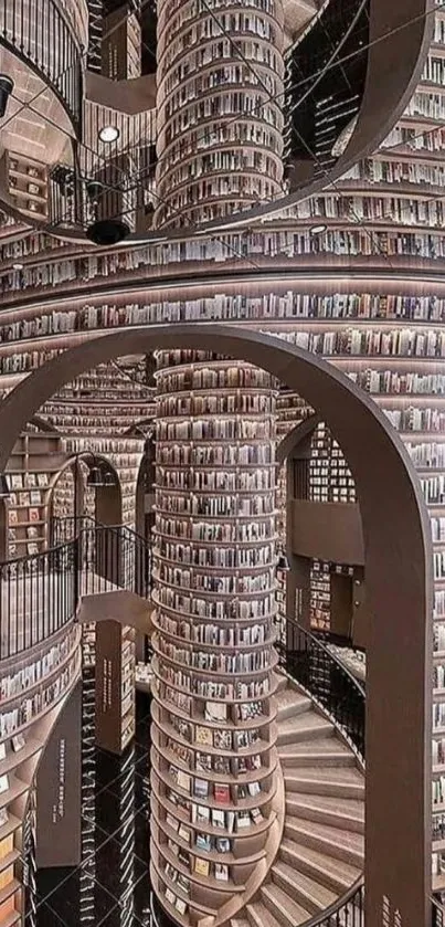 Futuristic spiral library with endless bookshelves.