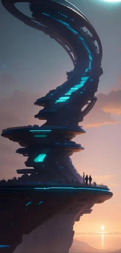 Futuristic structure with vibrant sunset backdrop.