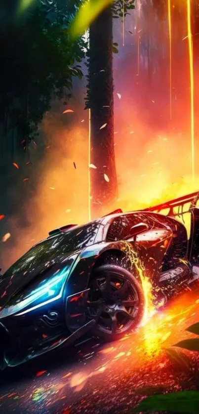 Futuristic sports car racing in a fiery forest with vibrant colors.