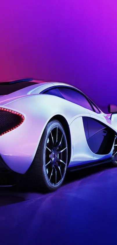 Futuristic white sports car with neon lights in a modern design wallpaper.