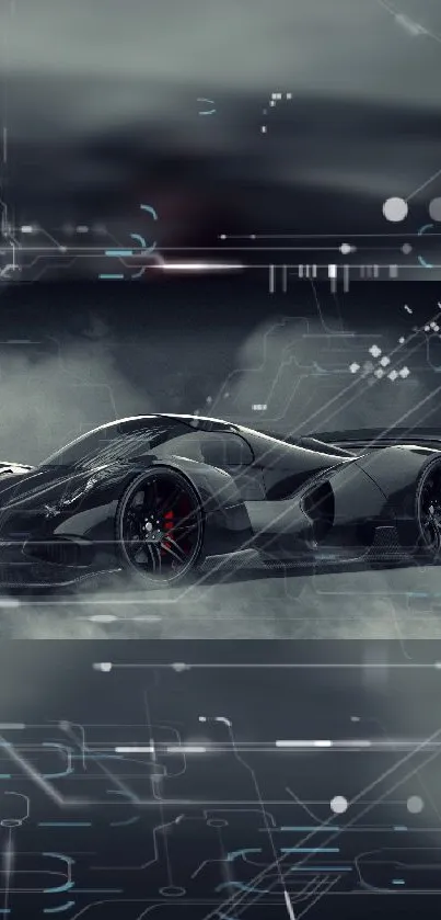 Futuristic sports car with digital circuit elements in dark gray tones.