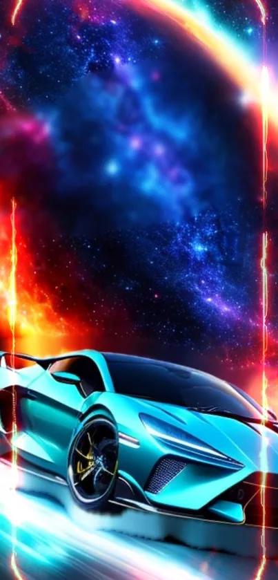 Futuristic sports car in a vibrant cosmic galaxy scene.