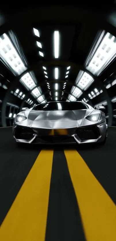 Sleek sports car in futuristic tunnel, racing forward.