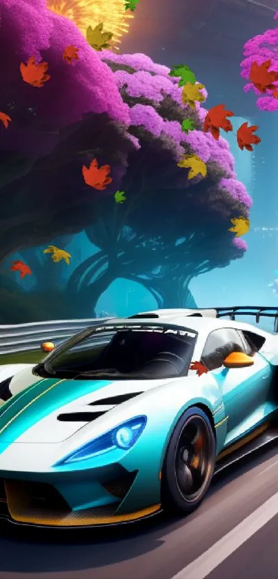 Futuristic sports car on neon-lit race track with vibrant flora.