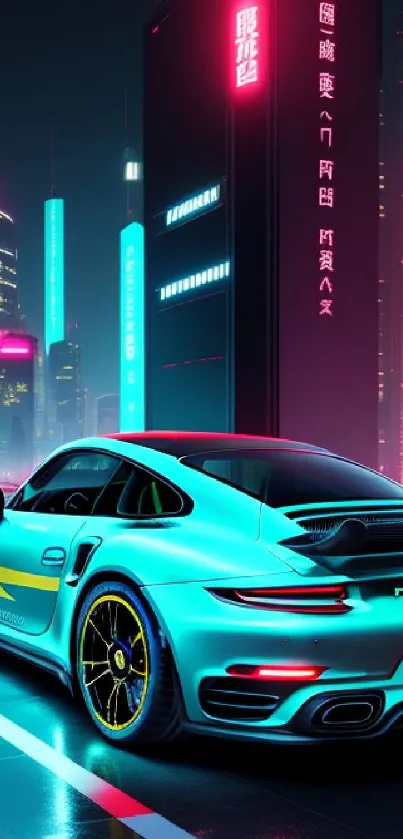 Futuristic sports car in neon-lit cityscape, mobile wallpaper.