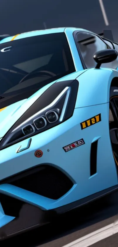 Futuristic sports car with sleek blue design on a racetrack.