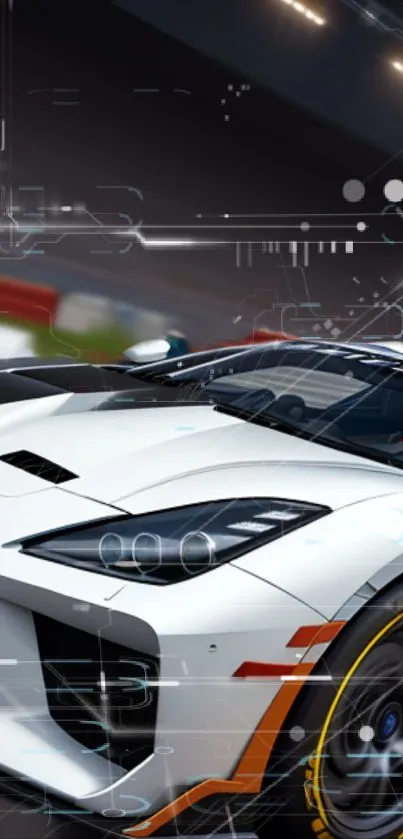 Futuristic white sports car in digital design wallpaper.