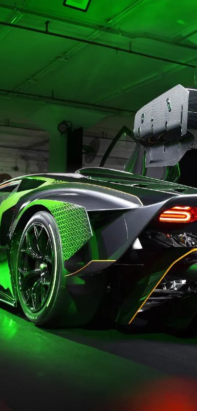 Futuristic sports car with vibrant green lights in a garage setting.