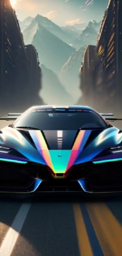 Futuristic sports car with neon lights and a mountain backdrop.