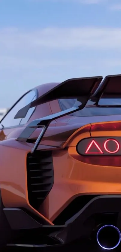 Futuristic orange sports car against a clear sky.