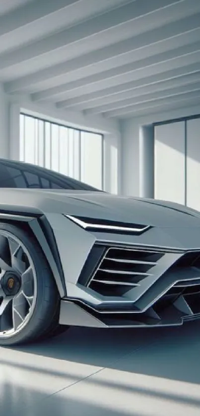 Futuristic sports car in a modern garage setting.