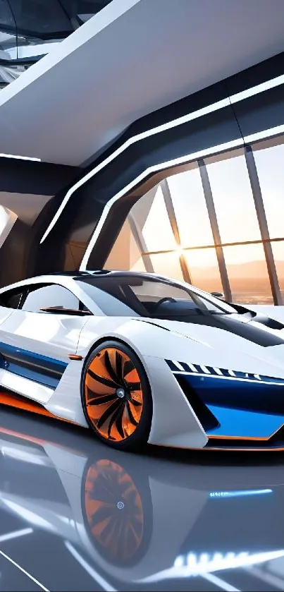 Futuristic white and blue sports car in a modern showroom setting.