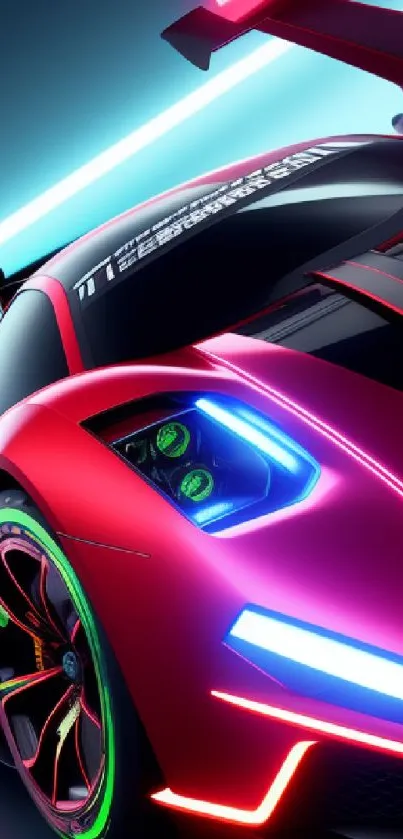 Red futuristic sports car with neon highlights and sleek design.