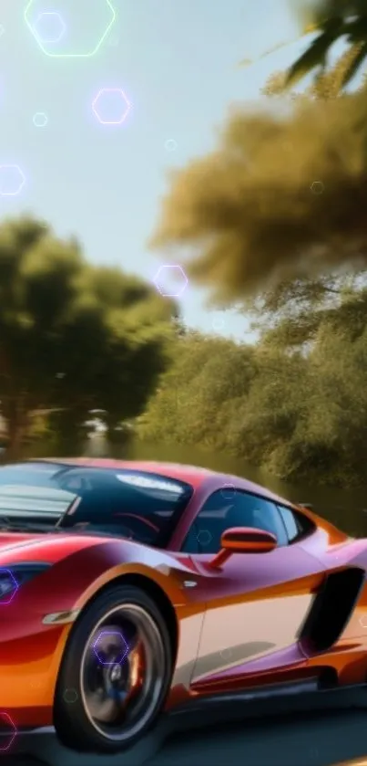 Futuristic sports car with vibrant colors driving through lush surroundings.