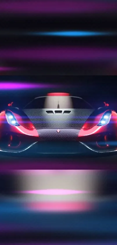 Futuristic sports car with neon lights against dark background.