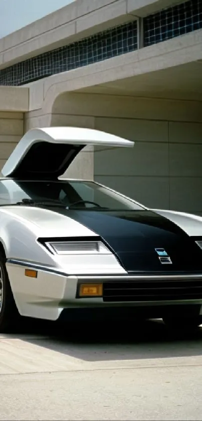 Futuristic sports car with scissor doors open, shiny silver design.