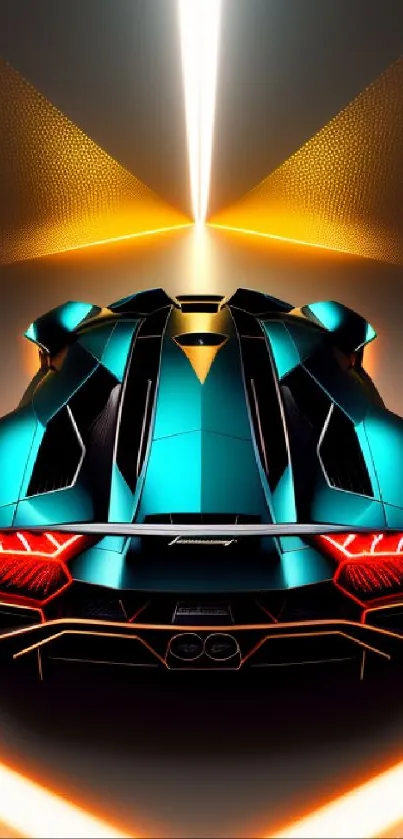 Futuristic car with teal accents and vibrant lights in a sleek design.