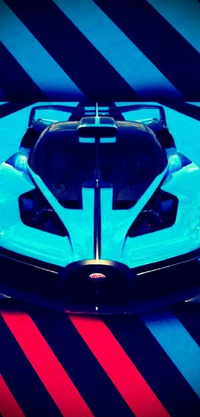 Futuristic neon blue sports car with geometric background wallpaper.