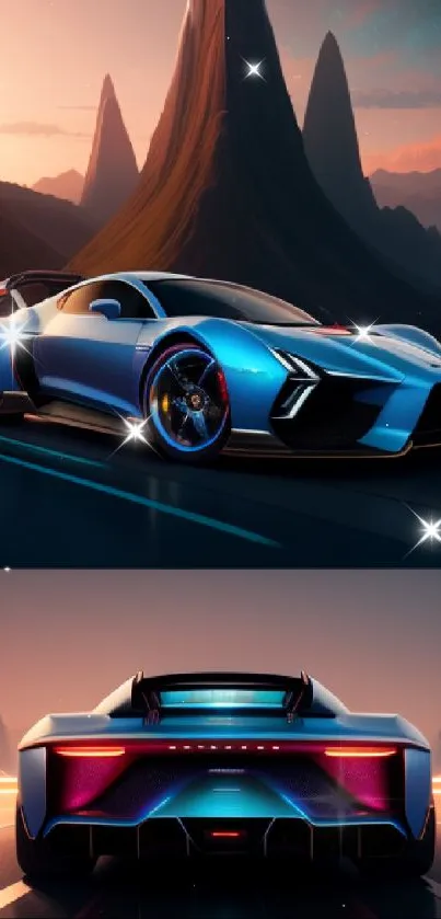 Futuristic sports car on a scenic road at night with a stunning landscape.
