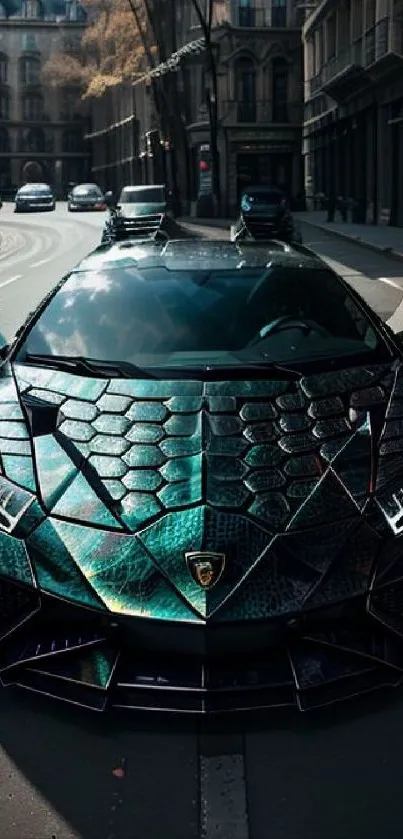 Futuristic luxury sports car in urban street with geometric design.