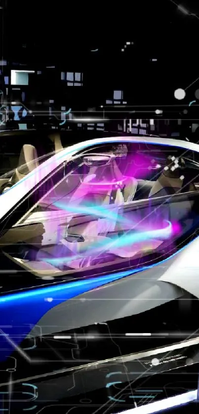 Futuristic sports car with LED light display in a showroom.