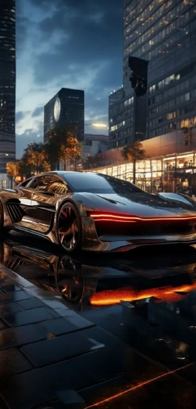 Futuristic sports car in city at night with reflections.