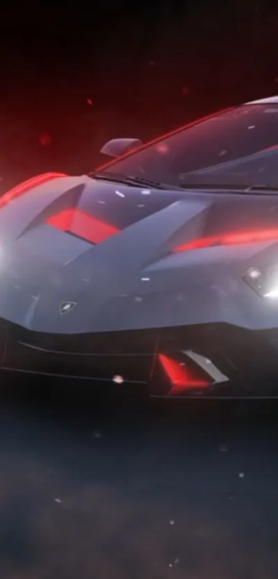 Futuristic sports car with glowing red accents in a dark theme.