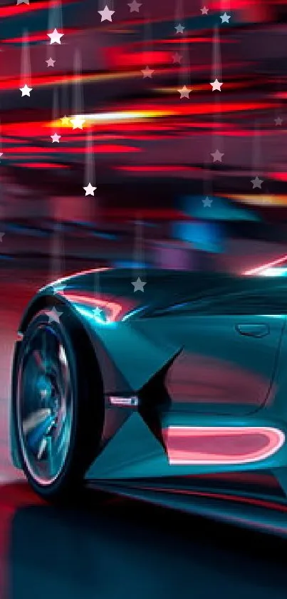 Futuristic sports car with neon highlights driving in a vibrant night cityscape.