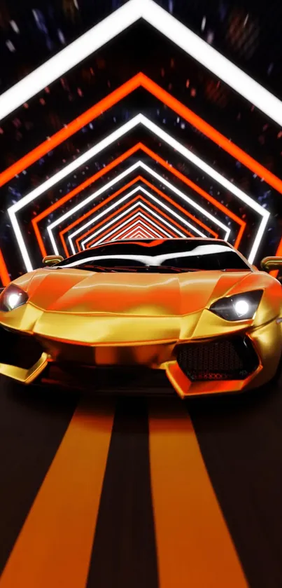 Futuristic sports car in a glowing geometric tunnel.