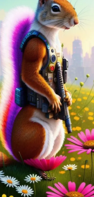 Futuristic squirrel in a colorful field of flowers, blending nature and technology.