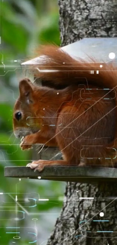 Red squirrel with digital overlay on a tree.