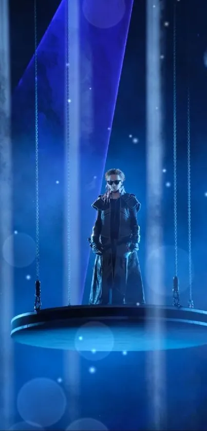 Futuristic figure on stage set in ethereal blue lighting.