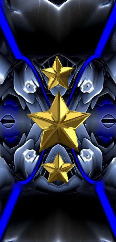 Futuristic wallpaper with gold stars on a blue and metallic background.