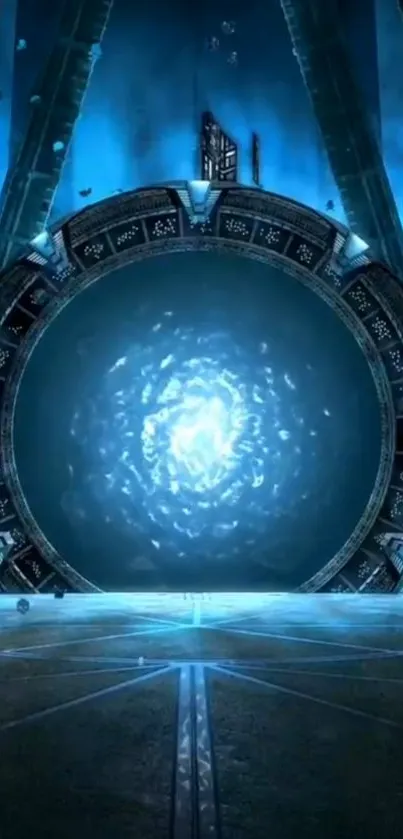 Circular blue portal with glowing center in a futuristic setting.