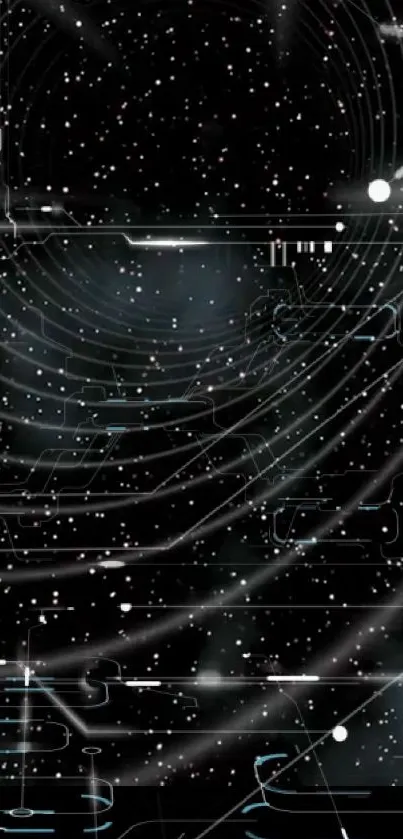 Futuristic starry digital wallpaper with abstract and tech elements.