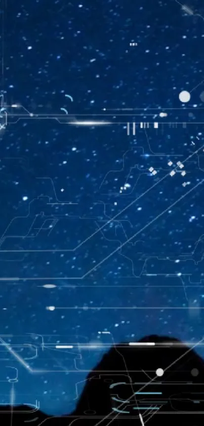Futuristic digital circuits overlay a starry night sky in this mobile wallpaper.