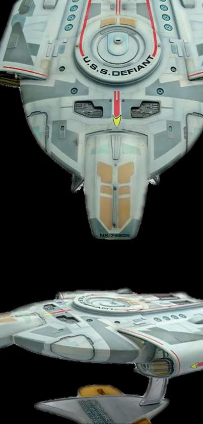 Sleek starship artwork on black background.