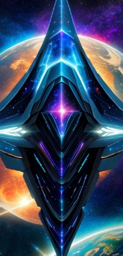 Futuristic starship with neon glow in cosmic setting wallpaper.