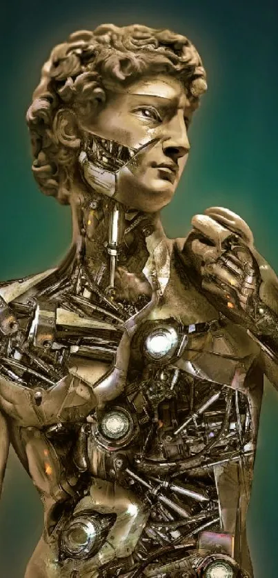 Cybernetic statue on a mobile wallpaper with a futuristic design.