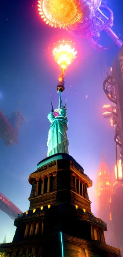 Futuristic scene with Statue of Liberty glowing in vibrant cityscape.