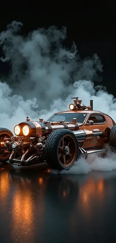 Futuristic steampunk car enveloped in mist and smoke with metallic accents.