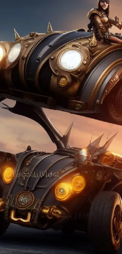 Steampunk vehicle and character in futuristic scenery.